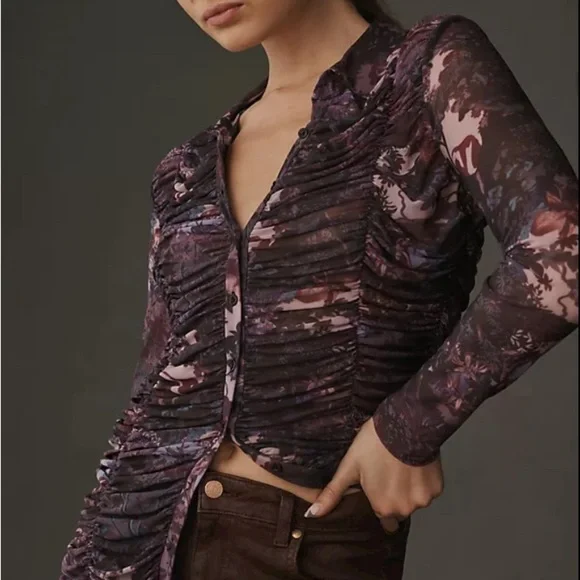 🌂💘NWT Anthropologie Pilcro collared mesh button up shirt blouse purple pink xs - Picture 4 of 9